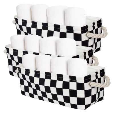 3PC Small Checked Storage Baskets 15x6x5 inch Narrow Toliet Storage Bins with Handles for Papers Closet,Cabinet,Countertop Organizing Small Items (Black)