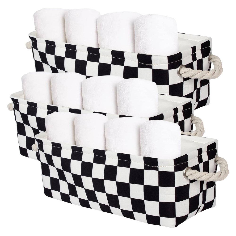 3PC Small Checked Storage Baskets 15x6x5 inch Narrow Toliet Storage Bins with Handles for Papers Closet,Cabinet,Countertop Organizing Small Items (Black)