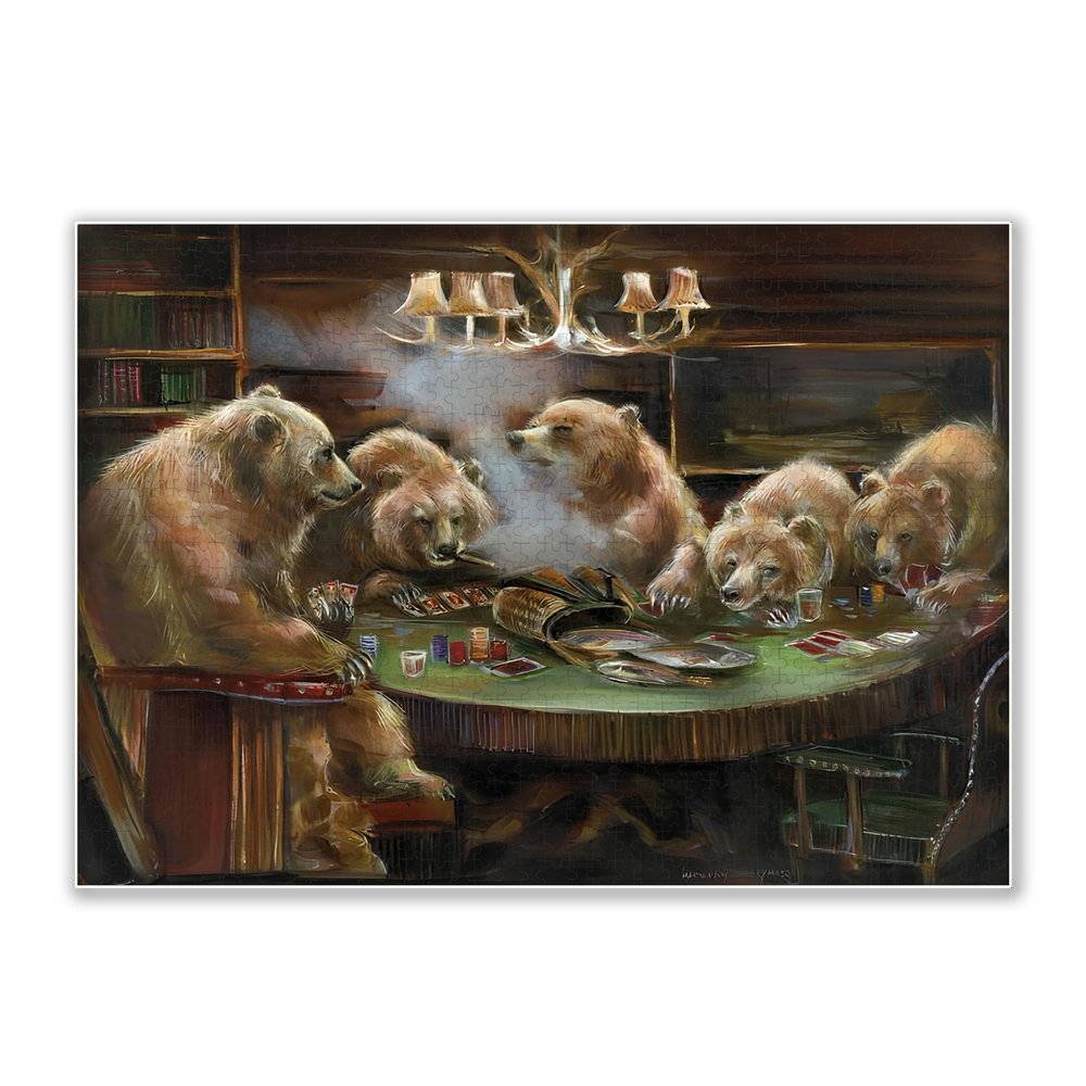 1000-piece Black Bear's Poker Party Adult Wooden Puzzle, Intellectual Challenge, Stress-Relieving Puzzle, Relaxing Family Activity, Decoration, Size: 29.5 x 19.7 in