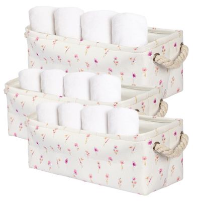 3PC Floral Narrow Storage Bins 15x6x5 inch Pink Flower Small Basket for Closet,Cabinet,Countertop Organizing Small Items Fabric Organizer with Handles, Toilet Paper Storage (Pink flower)