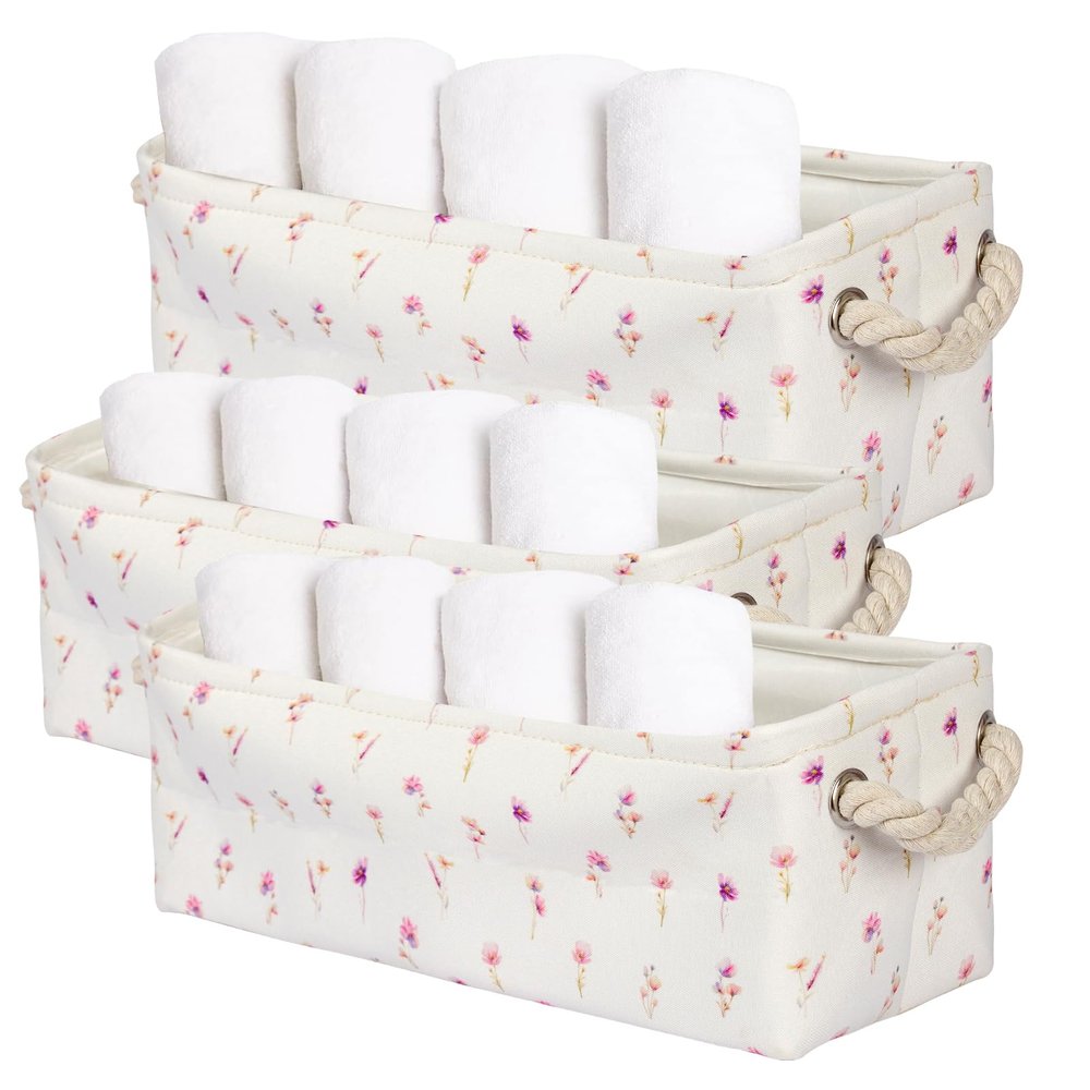 3PC Floral Narrow Storage Bins 15x6x5 inch Pink Flower Small Basket for Closet,Cabinet,Countertop Organizing Small Items Fabric Organizer with Handles, Toilet Paper Storage (Pink flower)