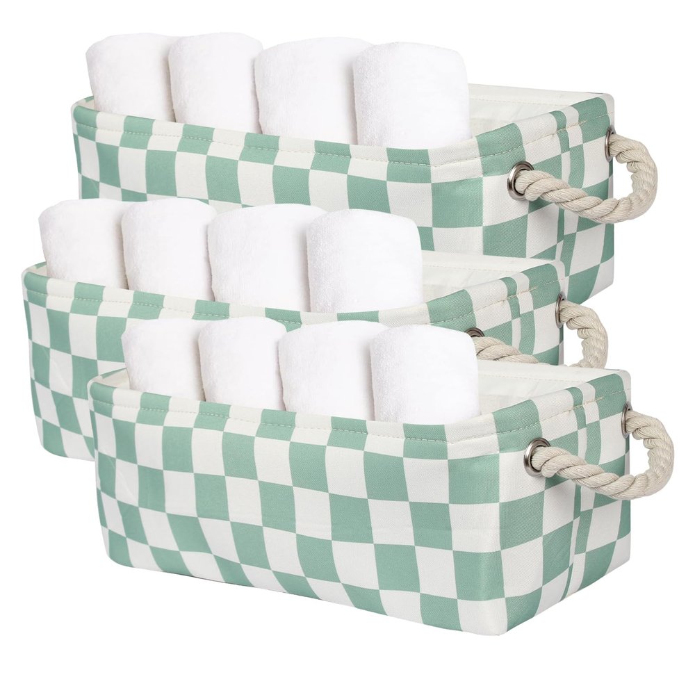 3Pcs Sage Green Checkered Canvas Basket, Small Rectangular Organizing Decorative Storage Basket for Kids, Dog Toy, Cute Aesthetic Checkered Room Decor for Home, Bedroom, Shelves (Green)