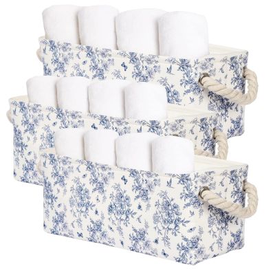 3PC Floral Narrow Storage Bins 15x6x5 inch Blue Flower Small Basket for Closet,Cabinet,Countertop Organizing Small Items Fabric Organizer with Handles, Toilet Paper Storage (Blue flower)