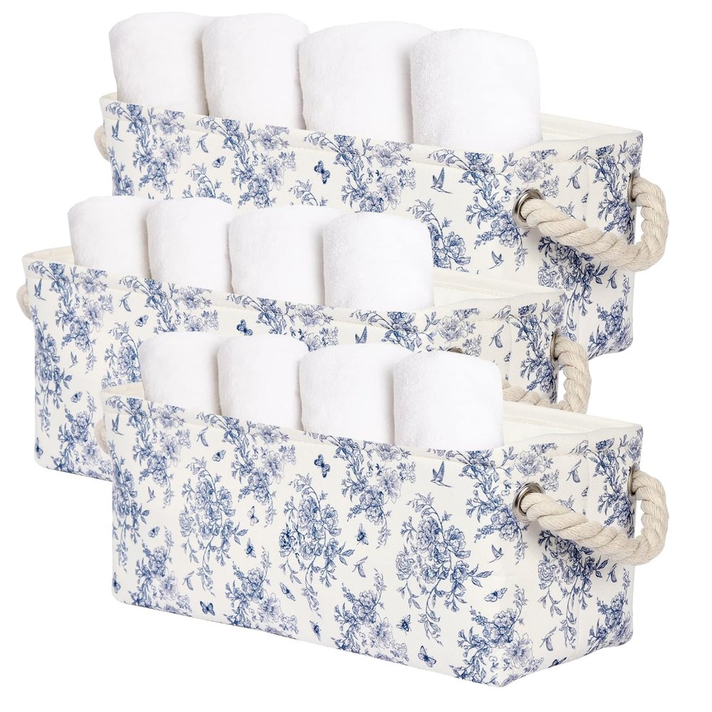 3PC Floral Narrow Storage Bins 15x6x5 inch Blue Flower Small Basket for Closet,Cabinet,Countertop Organizing Small Items Fabric Organizer with Handles, Toilet Paper Storage (Blue flower)