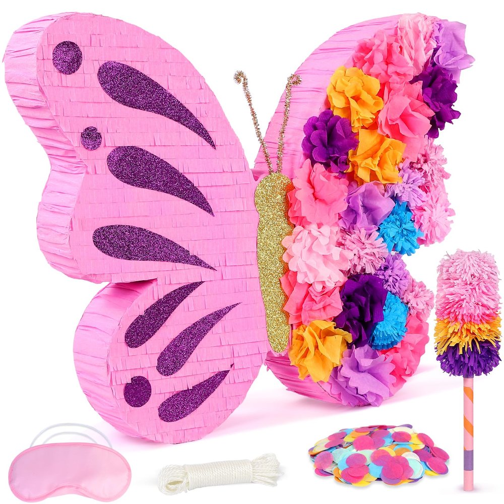 27" Extra Large Butterfly Pinata with Stick and Blindfold for Themed Party Decoration, Spring Party Supplies