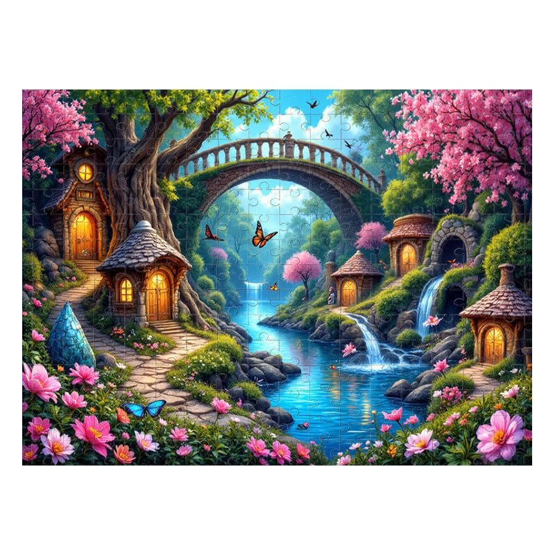 1000Pcs Wooden Jigsaw Puzzle Fantasy Fairy Tale Forest with Magical Tree Houses Pink Flowers Waterfall 19.69x27.56 Inch for Adults Kids Family Game Night Home Decor1