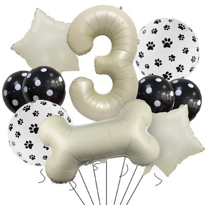10pcs Dog Themed 3 Birthday Decor,30 Inch Bone Shaped Foil Balloons,White Number 3 Balloons Mylar Foil Balloons for Paw 3rd Birthday Decorations Dog 3rd Birthday Party Supplies Wedding Party Decor