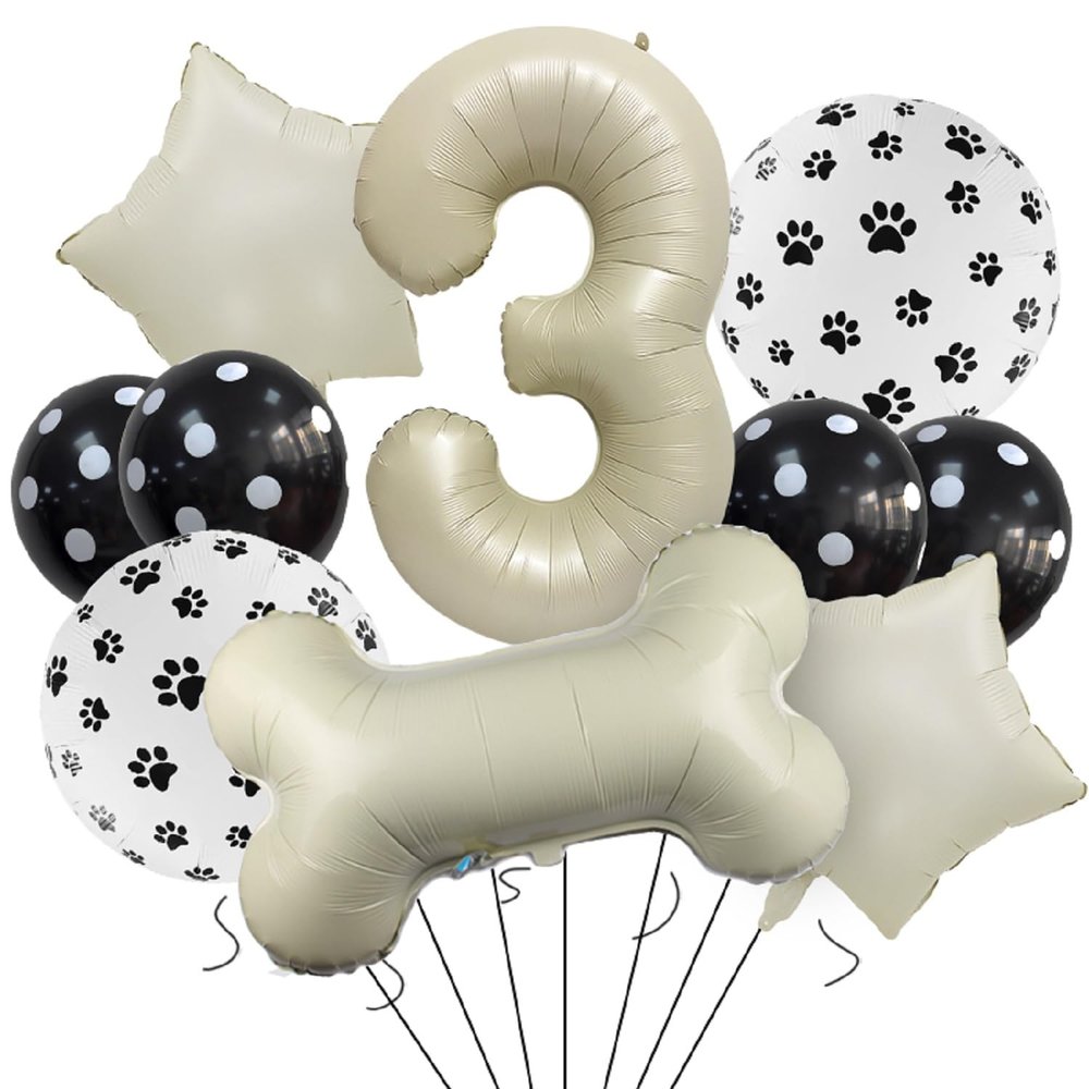10pcs Dog Themed 3 Birthday Decor,30 Inch Bone Shaped Foil Balloons,White Number 3 Balloons Mylar Foil Balloons for Paw 3rd Birthday Decorations Dog 3rd Birthday Party Supplies Wedding Party Decor
