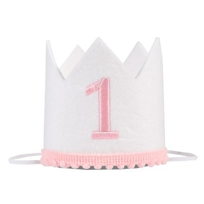 Baby Crown First Birthday Hat, Pink Embroidered 'One' Design, Photo Props Party Decorations (Pink 1st Hat)