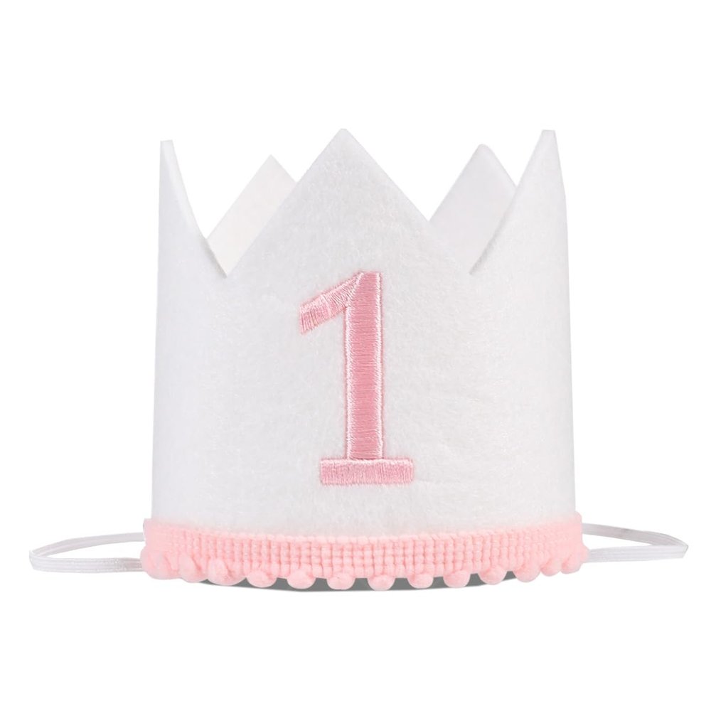 Baby Crown First Birthday Hat, Pink Embroidered 'One' Design, Photo Props Party Decorations (Pink 1st Hat)