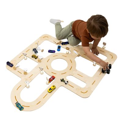 Wooden Toy Road Race Track Set Compatible with Toy Car Garage & Toddler Car Toys Road Race Car Track Playset for Kids Cars Toys Accessories Addition for Toy Parking Garage by EnjoyTheWood (Pink)