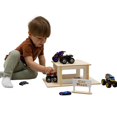 Wooden Car Wash Toy Handcrafted Toy Car Wash for Kids Monster Truck Car Wash Fits Big Cars Toys Kids Car Wash Best Gift for Todlers Addition for Toy Parking Garage by EnjoyTheWood (Dark Walnut)