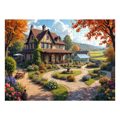 1000Pcs Wooden Jigsaw Puzzle Autumn Garden Cottage with Greenhouse 19.69x27.56 Inch Rustic Landscape Art for Adults Home Decor Puzzle Game1