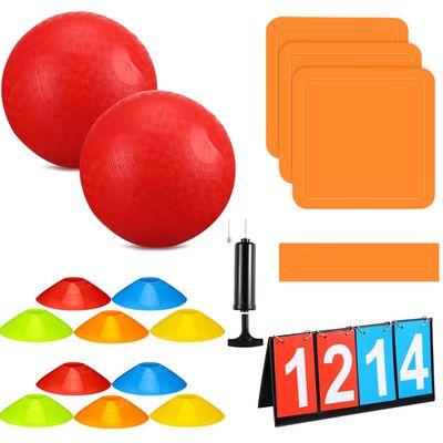 Huaerle 18 Pcs Sports Kickball Set Includes 2 Playground Ball with Air Pump 5 Rubber Throw Down Bases 10 Foul Line Cones and a Flip Scoreboard for Boys Girls Adults Playground School Backyard (Red)