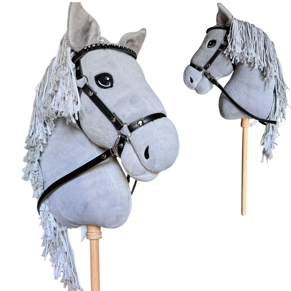 Playful Minds Large Hobby Horse for Kids and Adults Show Quality with Rhinestone Studded Bridle, Removable Reins, and Long Mane Plush Handmade Tournament Stick Horse, Grey