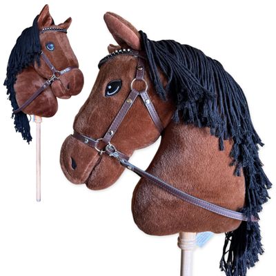 Playful Minds Large Hobby Horse for Kids and Adults Show Quality with Rhinestone Studded Bridle, Removable Reins, and Long Mane Plush Handmade Tournament Stick Horse (Bay (Brown))