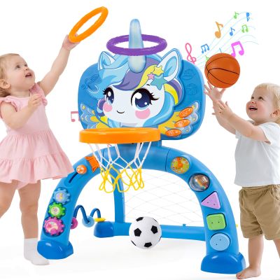 AONTESS Unicorn Sports Play Set for Toddlers  Blue Basketball Hoop & Soccer Goal with Ring Toss | Indoor Outdoor Activity Center Toy for 1-3 Year Old Boys Girls | Birthday Gift Idea