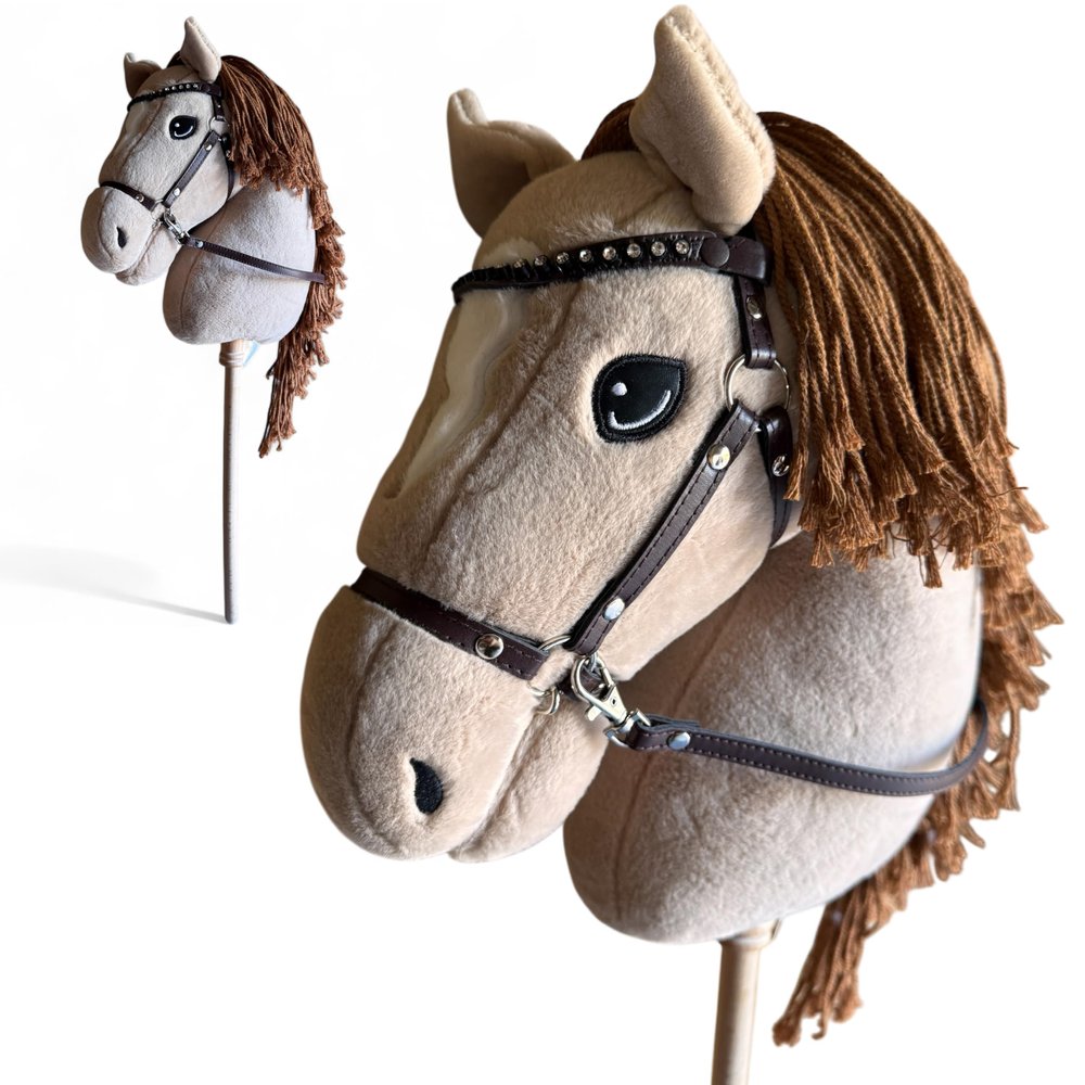 Playful Minds Large Hobby Horse for Kids and Adults  Show Quality with Rhinestone Studded Bridle, Removable Reins, and Long Mane  Plush Handmade Tournament Stick Horse, Palomino