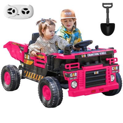 12V Ride on Toys for Big Kids, 20 2 Seat Ride on Dump Truck, Construction Vehicles and Electric Dump Bed/Shovel, with Remote Control and Music, Key Start for Safety, Rose