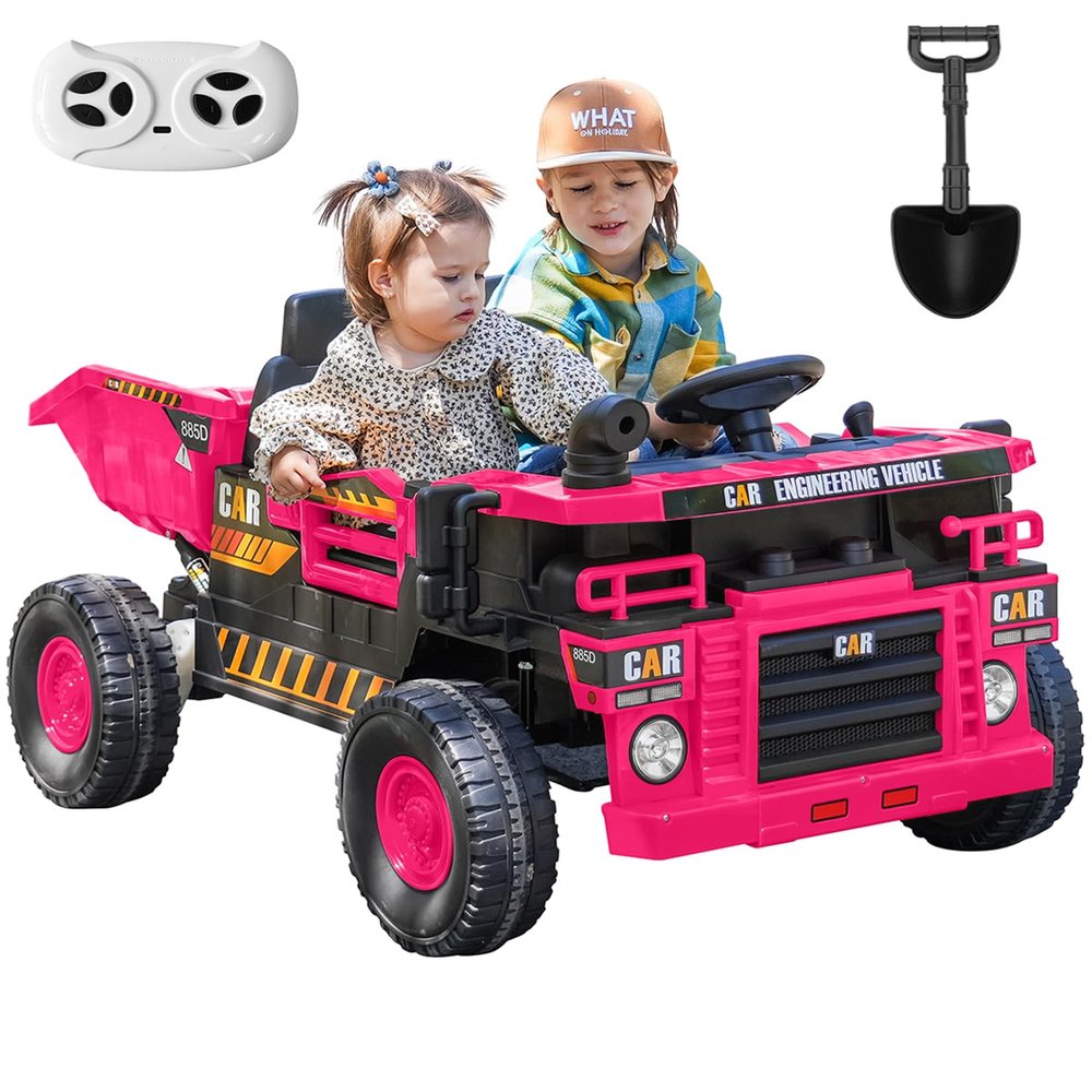 12V Ride on Toys for Big Kids, 20 2 Seat Ride on Dump Truck, Construction Vehicles and Electric Dump Bed/Shovel, with Remote Control and Music, Key Start for Safety, Rose
