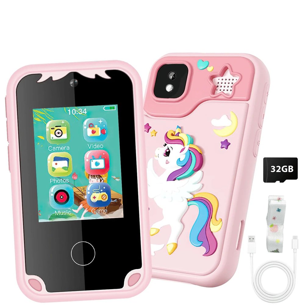 Smart Phone for Girls, Christmas Birthday Gifts for Girls Age 3-10 Kids Toys Cell Phone, 2.8" Touchscreen Toddler Learning Play Toy Phone with Dual Camera, Game, Music Player, 32GB Card (Pink)