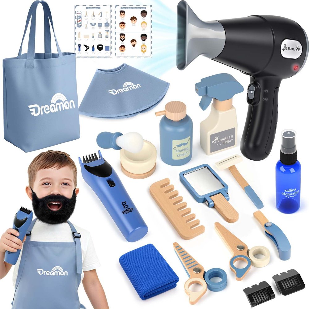 Barber Shop Pretend Play Set, Kids Shaving Kit Wooden Hair Salon Toys for Boys with Wearable Beard, Electric Shaver, Blow Dryer, Tool Bag, Toddler Role Play Barber Accessories for Boys & Girls Gifts