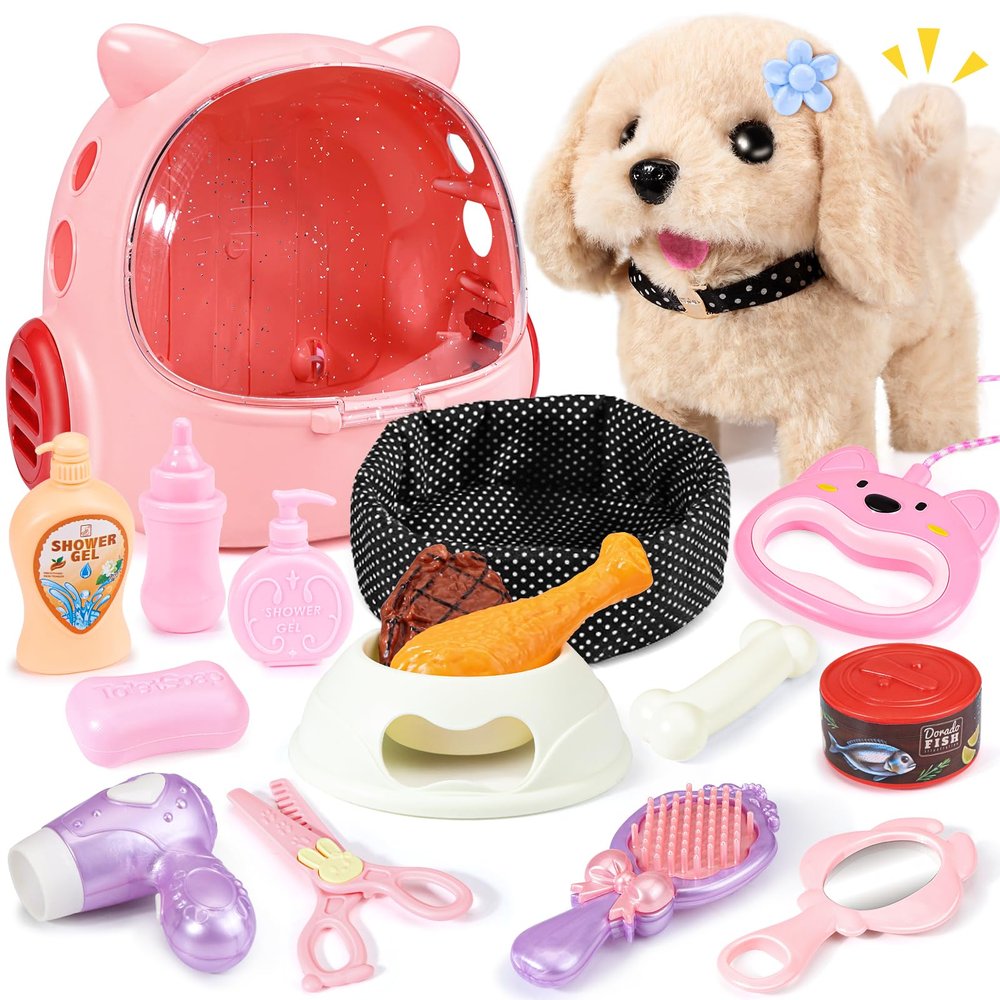 Eohemeral 23 Pcs Walking Dog Toy for Kids 3-5 5-7, Electronic Interactive Puppy with Carrier & Leash, Realistic Barking Wagging Tail Plush Dog, Pretend Play Birthday Gifts for Girls 4 6 8 Year Old