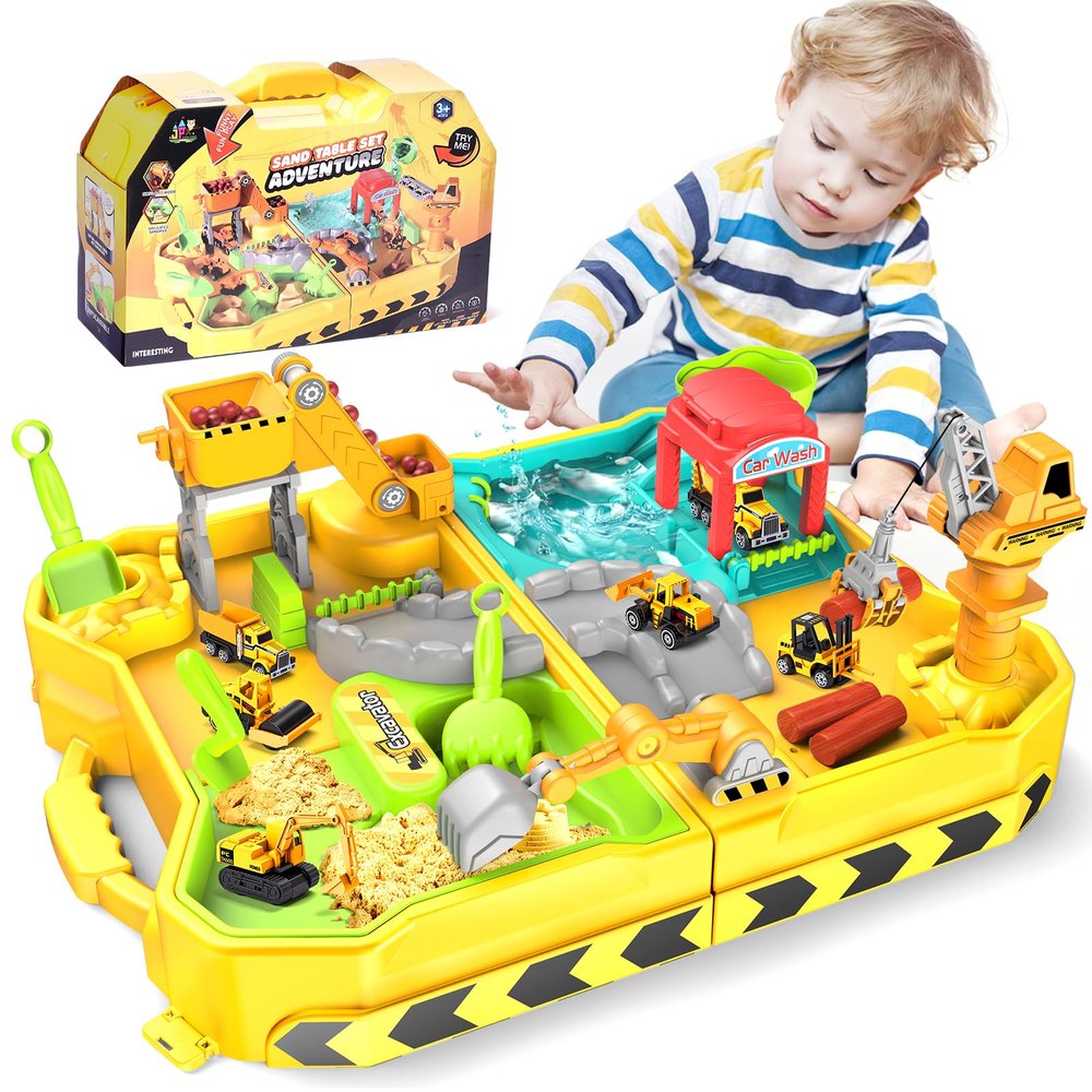 RISUNTOY Construction Sand Kit with Foldable Sandbox Case - 1.1lbs Sensory Play Sand, 4 Alloy Trucks & Molds - Mess-Free Travel Beach Toys for Toddlers 3-5, Portable Dry-Wet Separation Design