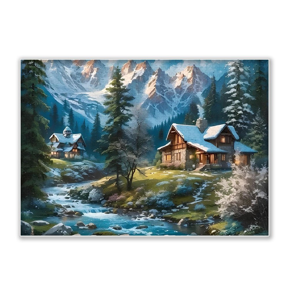 1000-piece Cabin in The Woods Under The Snowy Mountains Adult Wooden Puzzle, Intellectual Challenge, Stress-Relieving Puzzle, Relaxing Family Activity, Decoration, Size: 29.5 x 19.7 in