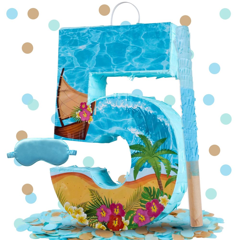 Blue Sea Number 5 Pinata, 16 Inch Hawaii Beach Theme Piata for 5th Birthday Party Decorations with Stick, Blindfold and Confetti (Blue Sea 5 Pinata)
