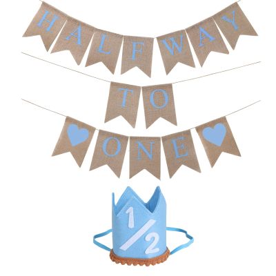6 Months Blue Half Birthday Decorations, Birthday Decorations With 1/2 Boy Hat And Pre-strung Half Way To One Banner For 1/2 Birth-day Boy Decor
