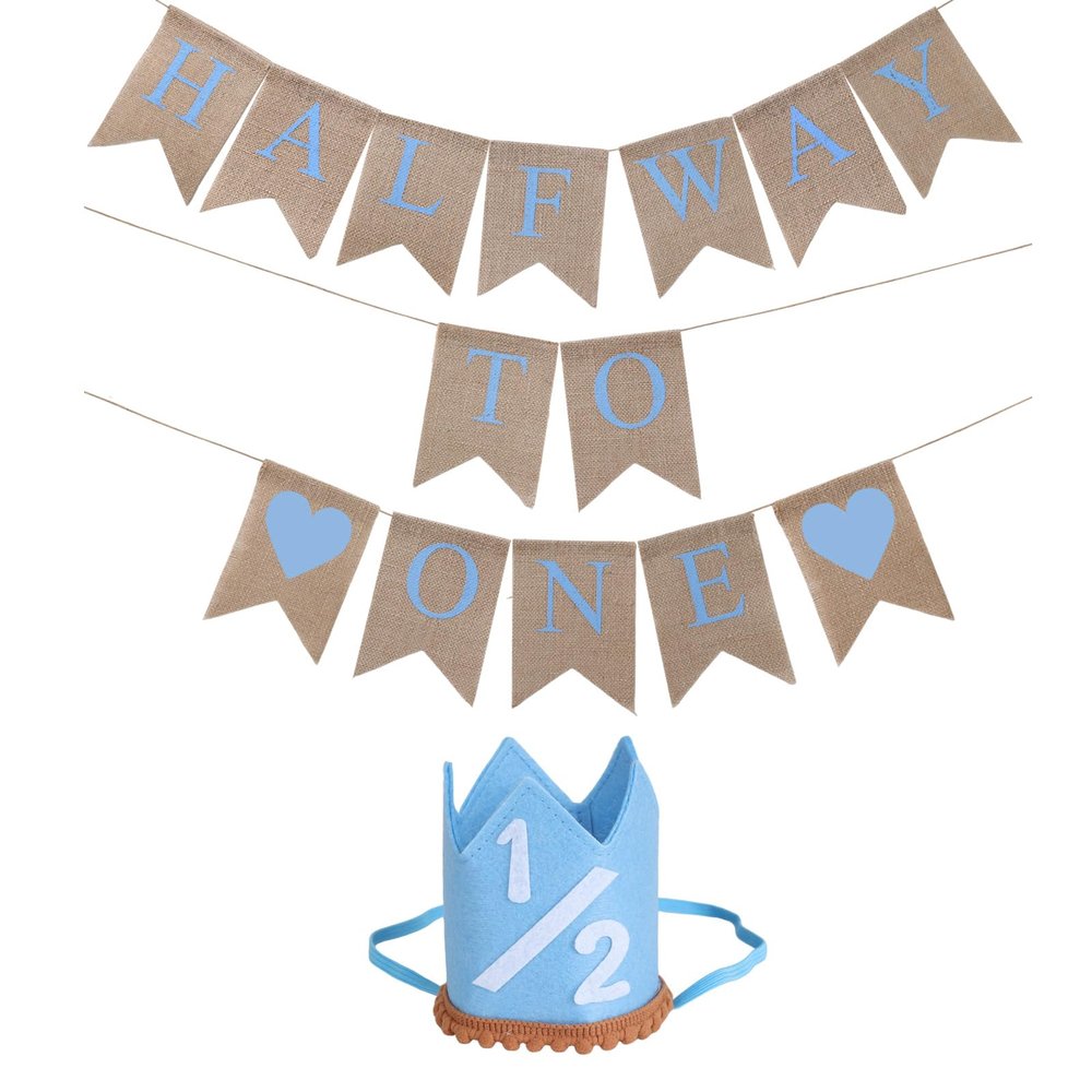 6 Months Blue Half Birthday Decorations, Birthday Decorations With 1/2 Boy Hat And Pre-strung Half Way To One Banner For 1/2 Birth-day Boy Decor