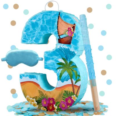 Blue Sea Number 3 Pinata, 16 Inch Hawaii Beach Theme Piata for 3rd Birthday Party Decorations with Stick, Blindfold and Confetti (Blue Sea 3 Pinata)