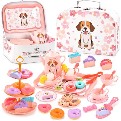 Lajeje Dog Toys for Kids Plastic Tea Party Set for Toddlers & Little Girls Ages 3-8, Puppy-Themed Pretend Play Kitchen Toy with Teapot, Cups, Saucers, Desserts & Tray | Birthday Gift Idea