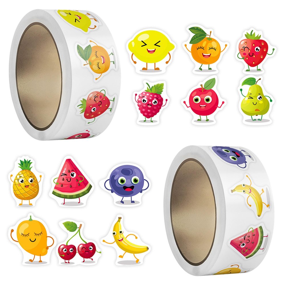 1000Pcs Fruit Stickers for Kids, 2 Rolls Colorful Food Sticker for Scrapbooking, Self-Adhesive Fruit Stickers, Cute Banana Watermelon Strawberry Apple Decals for Classroom Rewards and DIY Crafts
