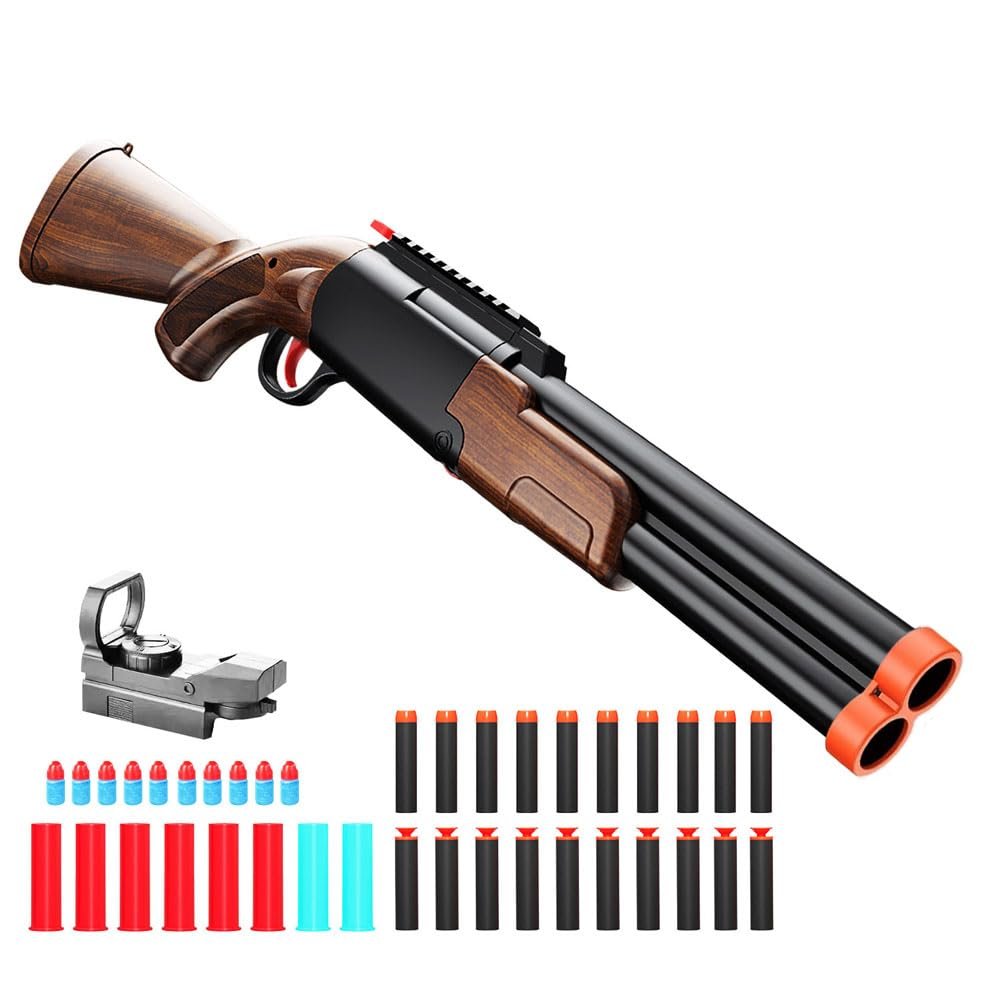 Double-Barreled Toy Shotgun, Toy Foam Blaster with Sight and Foam Bullets, Shell Ejecting Design, Two Shooting Modes