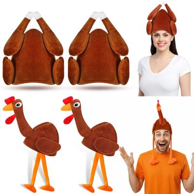 Jamntower 4 Pcs Thanksgiving Turkey Hats with Legs & Roasted Turkey Cap Plush Funny Hat Friendsgiving Woman Man(Dark Color)