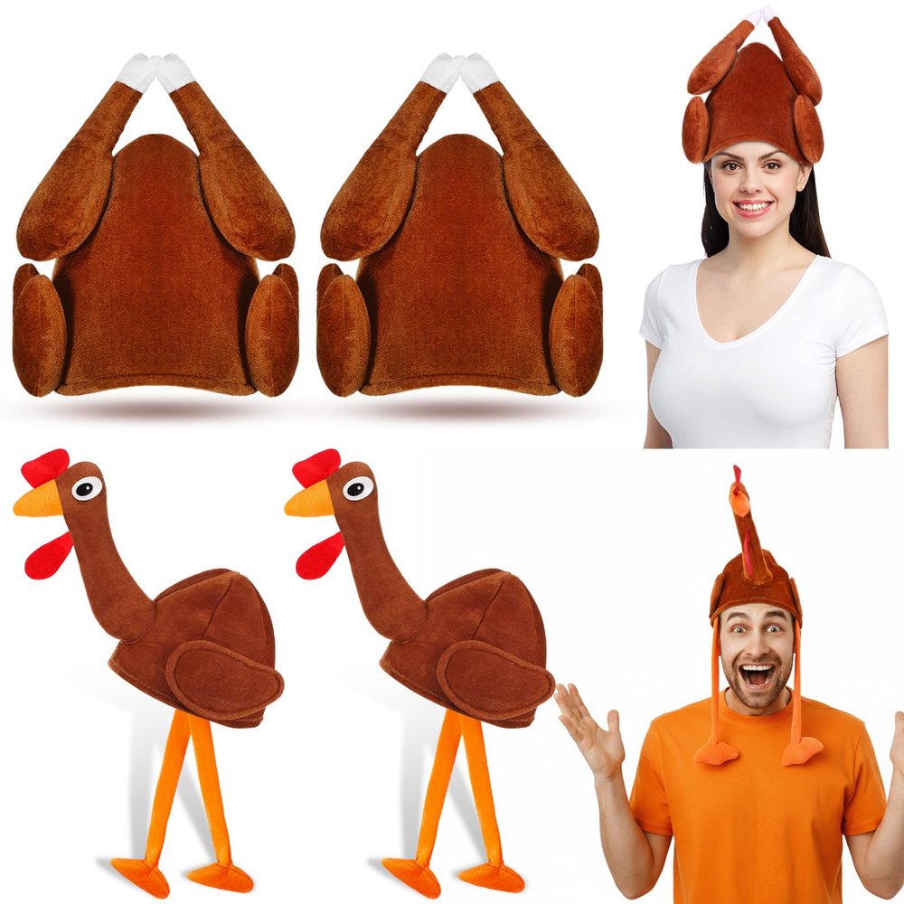 Jamntower 4 Pcs Thanksgiving Turkey Hats with Legs & Roasted Turkey Cap Plush Funny Hat Friendsgiving Woman Man(Dark Color)