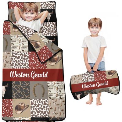Personalized Western Cowboy Nap Mat Set for Boys Custom Name Toddler Sleeping Bag with Pillow & Blanket Kids Sleep Mat for Preschool, Daycare, Kindergarten