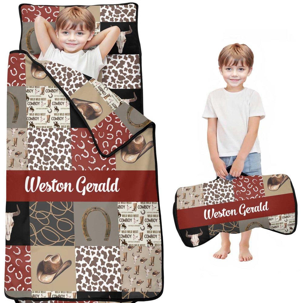 Personalized Western Cowboy Nap Mat Set for Boys Custom Name Toddler Sleeping Bag with Pillow & Blanket Kids Sleep Mat for Preschool, Daycare, Kindergarten