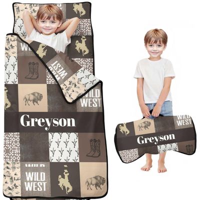 Personalized Western Cowboy Nap Mat Set for Boys Custom Name Toddler Sleeping Bag with Pillow & Blanket Kids Sleep Mat for Preschool, Daycare, Kindergarten