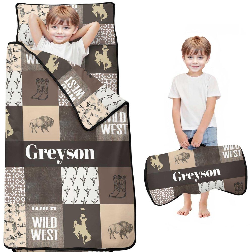 Personalized Western Cowboy Nap Mat Set for Boys Custom Name Toddler Sleeping Bag with Pillow & Blanket Kids Sleep Mat for Preschool, Daycare, Kindergarten