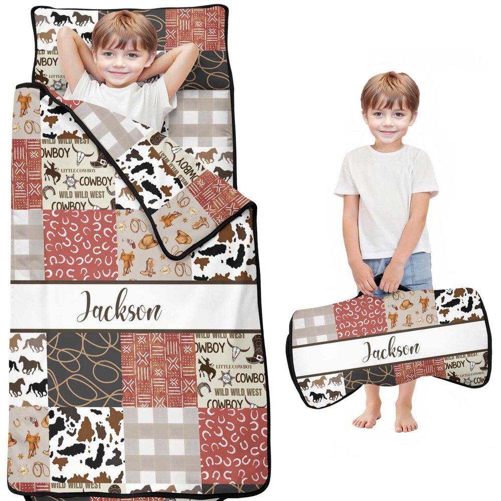 Personalized Western Cowboy Nap Mat Set for Boys Custom Name Toddler Sleeping Bag with Pillow & Blanket Kids Sleep Mat for Preschool, Daycare, Kindergarten