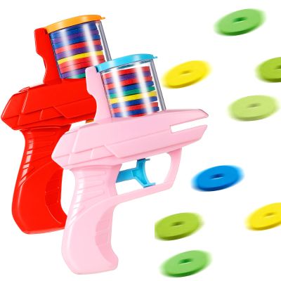 Sumind 2 Pcs Foam Disc Shooter Disc Launcher Zip Shot Shooter Blasters for Birthday Gifts Family Gatherings Games Outside Yard Activities (Red,Pink)