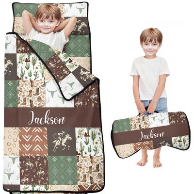 Personalized Western Cowboy Nap Mat Set for Boys Custom Name Toddler Sleeping Bag with Pillow & Blanket Kids Sleep Mat for Preschool, Daycare, Kindergarten