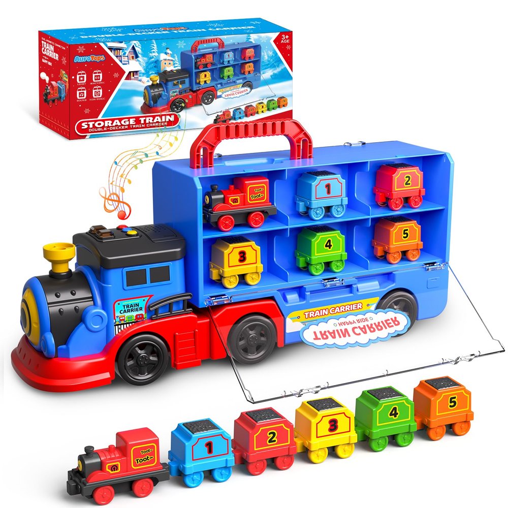 AuroTops Toys for 3 4 5 6 Year Old Boys for Kids Girl Boy Toys,2-in-1 Toddler Toy Trucks Christmas Train Set with Light & Sounds Include 1 Transport Toy Trucks,6 Magnetic Trains