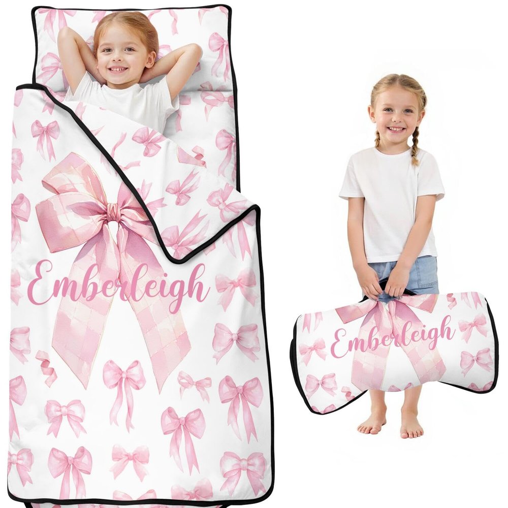 Personalized Pink Bow Nap Mat Set for Girls Custom Name Toddler Sleeping Bag with Pillow & Blanket Kids Sleep Mat for Preschool, Daycare, Kindergarten