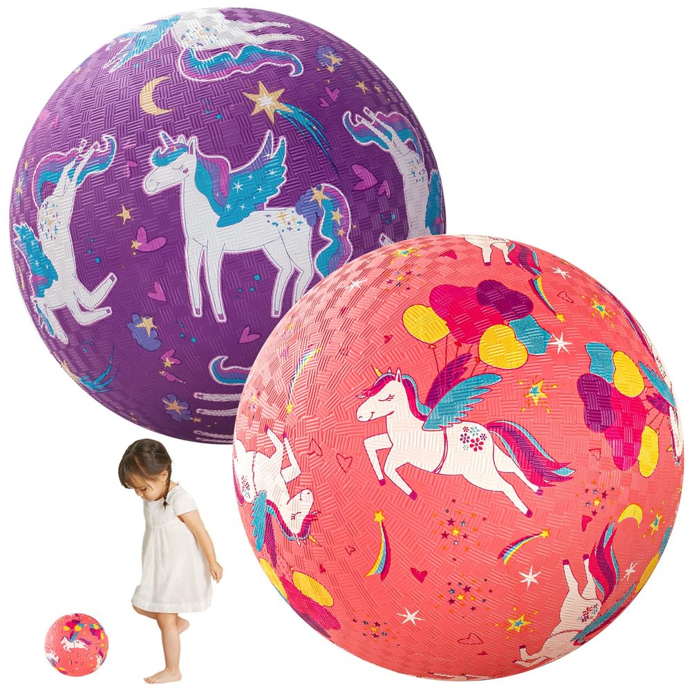 PlayZap 2 Pack Playground Balls for Toddlers, Unicorn Kickballs for Kids 3-12, 8.5" Rubber Bouncy Balls with Pump, Indoor & Outdoor Dodgeball Toys for Boys & Girls Gifts