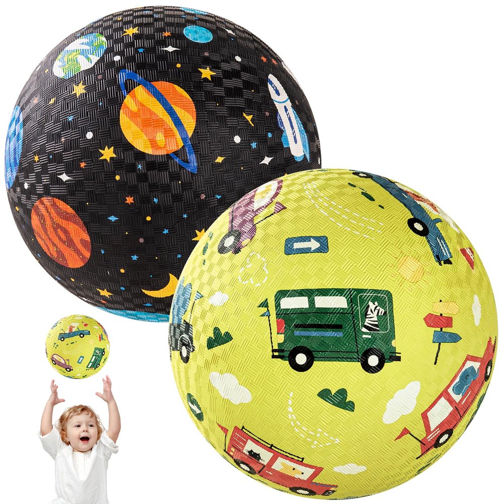 PlayZap 2 Pack Playground Balls for Kids, Planet & Vehicle Cars Kickballs for Toddlers 3-8, 8.5 in Rubber Balls with Pump, Indoor & Outdoor Dodgeball Toys for Boys & Girls Gifts