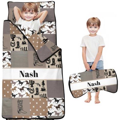 Personalized Western Cowboy Nap Mat Set for Boys Custom Name Toddler Sleeping Bag with Pillow & Blanket Kids Sleep Mat for Preschool, Daycare, Kindergarten